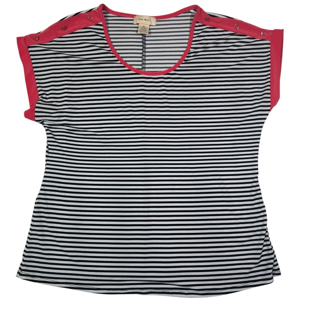 Diana Belle‎ Women’s Striped Short Sleeve Top XL Black White Pink Trim